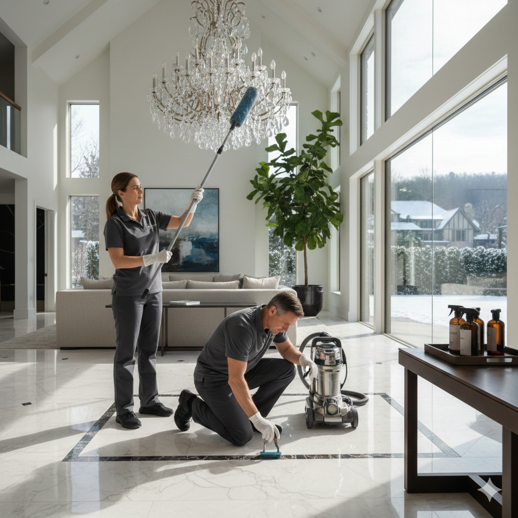 A professional team performing a deep clean on a luxury modern kitchen with marble surfaces.